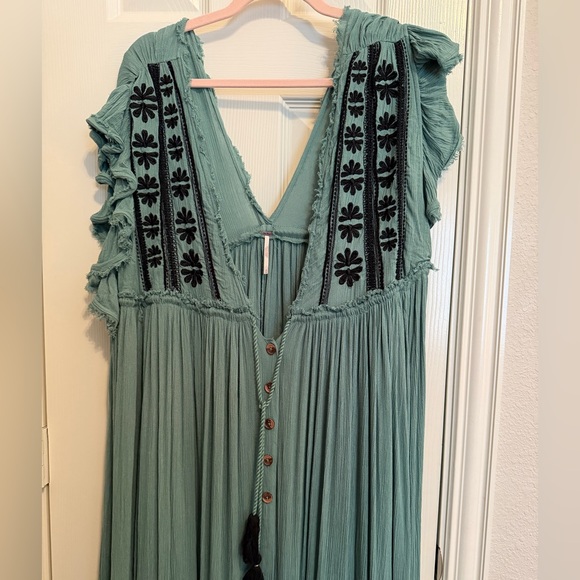 Free People Sea Green Maxi Dress with Black Floral Embroidery - Picture 2 of 8